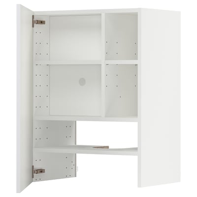 Bílá moderní kuchyňská linka, lesklá povrchová úprava, čtvercový tvar s nastavitelnými policemi, minimalistický design.