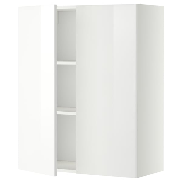Bílá kuchyňská skříňka ve vysokém lesku s jedněmi otevřenými dveřmi, dvěma policemi. Moderní a elegantní design.