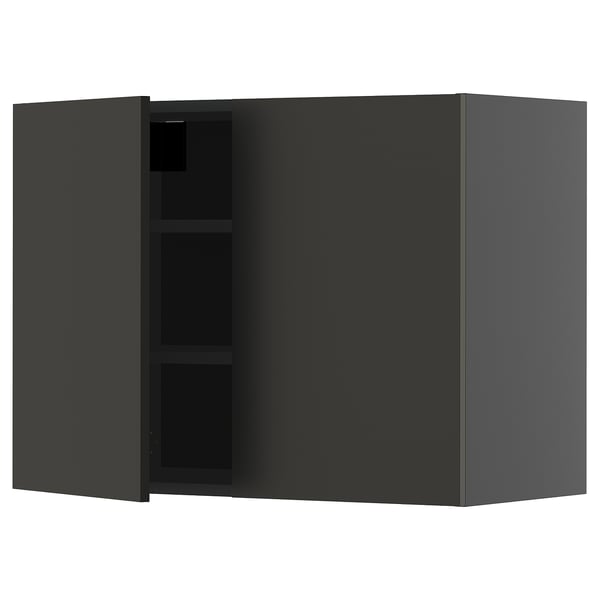 Moderní černá kuchyňská skříňka se dvěma dvířky a policemi. Elegantní, minimalistický design s nastavitelnými policemi.