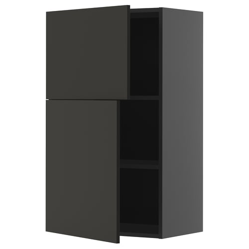 Moderní černá kuchyňská skříňka s nastavitelnými policemi, minimalistický design, dvoukomorová dvířka.