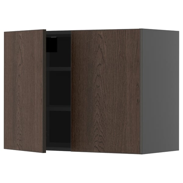 Tmavě hnědá dřevěná kuchyňská skříňka se dvěma otevíratelnými dvířky, s elegantním designem a robustní konstrukcí.