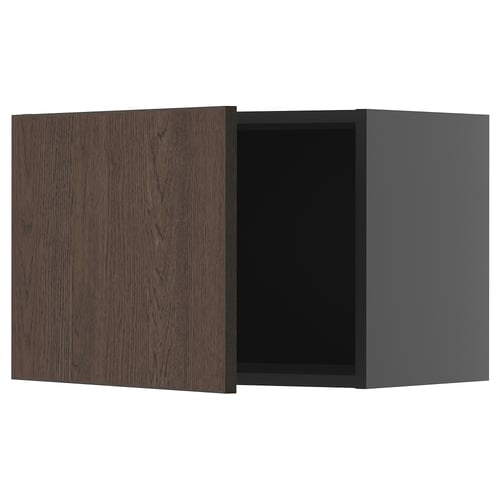 Tmavě hnědá moderní kuchyňská skříňka s dvířky se vzorem dřeva. Je elegantní, obdélníkový a je součástí systému METOD.