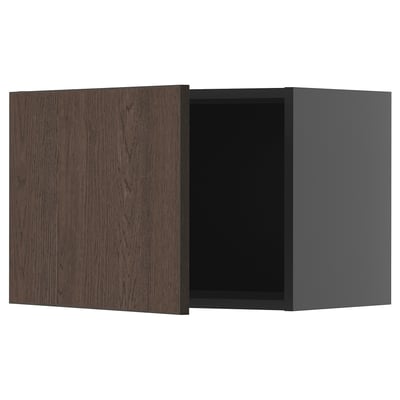 Tmavě hnědá moderní kuchyňská skříňka s dvířky se vzorem dřeva. Je elegantní, obdélníkový a je součástí systému METOD.