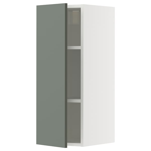 Moderní bílá skříňka se zelenošedými dvířky, minimalistický design, možnost montáže na stěnu.