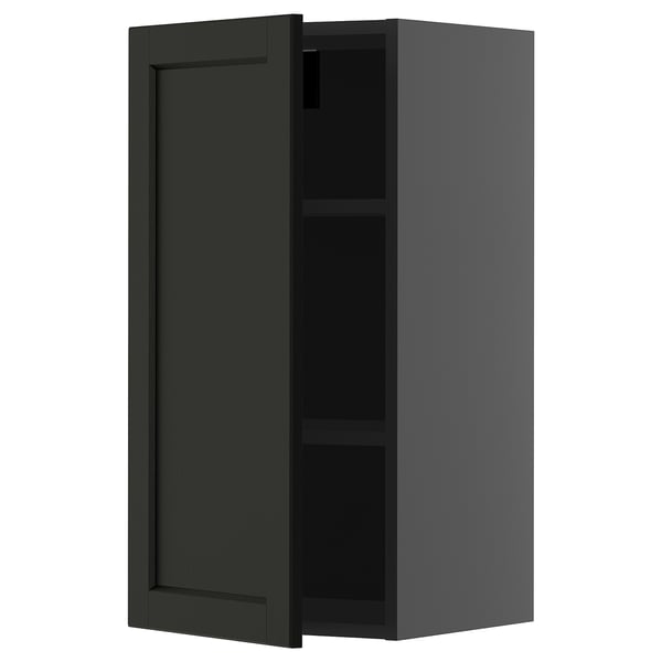 Moderní černá kuchyňská skříňka s jednou nastavitelnou policí, nástěnná, čtvercového tvaru, minimalistický design.