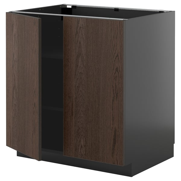 Kuchyňská linka METOD: šedá základna, tmavě hnědé dřevěné dveře, čtvercový tvar, moderní design.