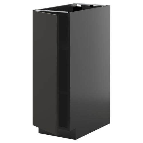 Černá kuchyňská skříňka s vysokým leskem, vysoká, obdélníková, moderní design, bez klik, jedny dveře.