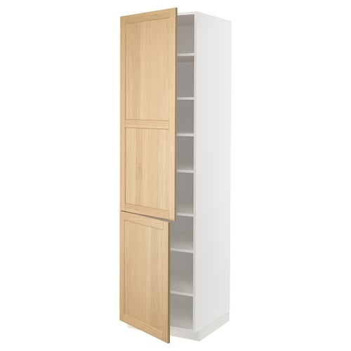 Kuchyňská skříňka METOD, bílá & dub, vysoká, dvě dveře, nastavitelné police, moderní klasický design.