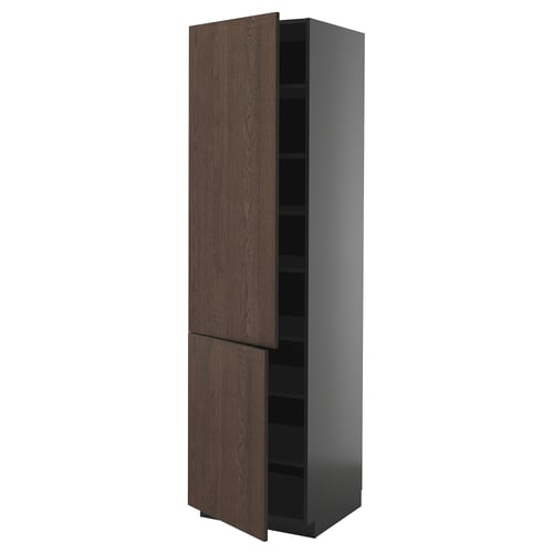 Vysoká kuchyňská skříňka METOD, tmavě hnědé dřevo, elegantní moderní design, nastavitelné police.
