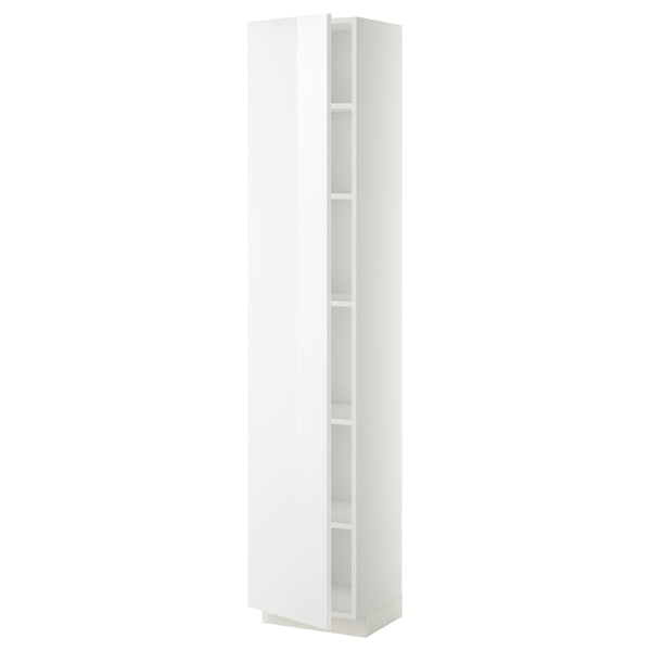 Bílá kuchyňská skříňka ikea METOD s vysokým leskem, vysoká a obdélníková s nastavitelnými policemi.