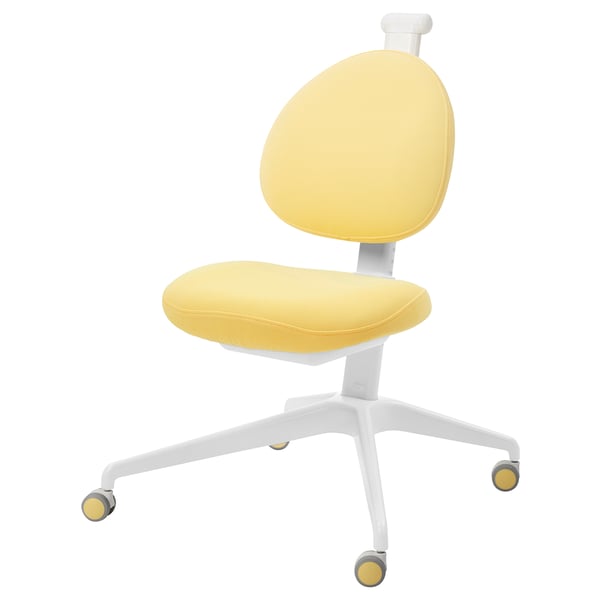 Zářivě žlutá kancelářská židle s bílým rámem, pěti kolečky a zaoblenými hranami. Ergonomický design pro pohodlí.