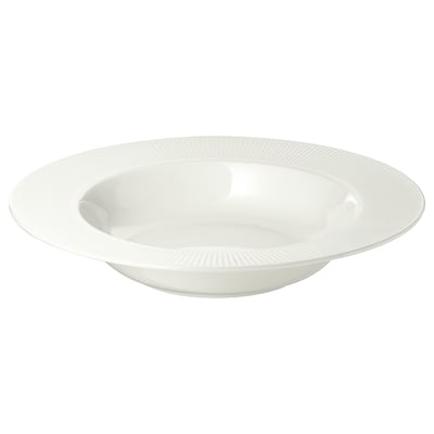 Bílý jídelní talíř OFANTLIGT, vyrobený z živcového porcelánu, s elegantním, mírně žebrovaným designem.