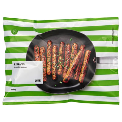 IKEA refrång sáček na zeleninové klobásy, zobrazující vařené klobásy na pánvi.