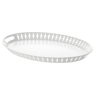 Bílý podnos romantik s vyřezávanými uchy a vzory po okraji.