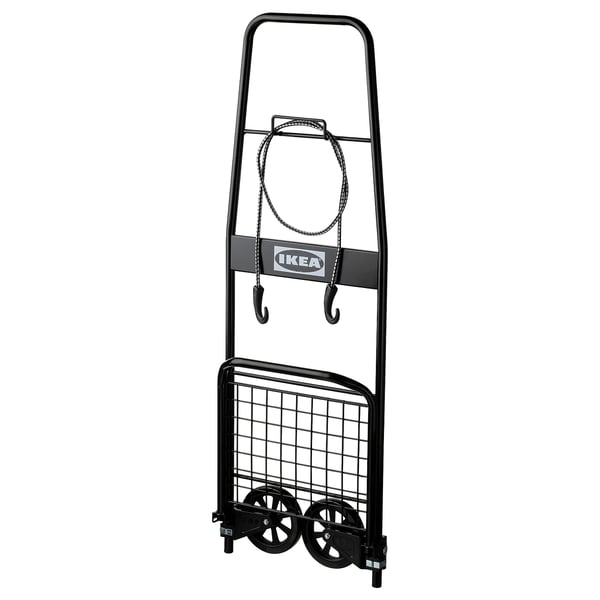 Jedná se o vozík IKEA RULLEBÖR v černé barvě, vyrobený z oceli a plastu. Kolečka a háčky pro přenášení velkých předmětů.