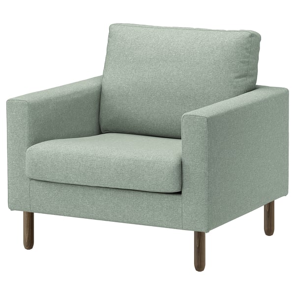 SALTSJÖBADEN je světle zelené, moderní křeslo. Jeho design má hranatý tvar s dřevěnými nohami, což poskytuje pohodlné a stylové sedadlo do každé místnosti.