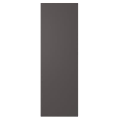 Šedé dveře SKATVAL, obdélníkové, jednoduchý design, vyrobené z plastového lemování a dřevotřískových desek.
