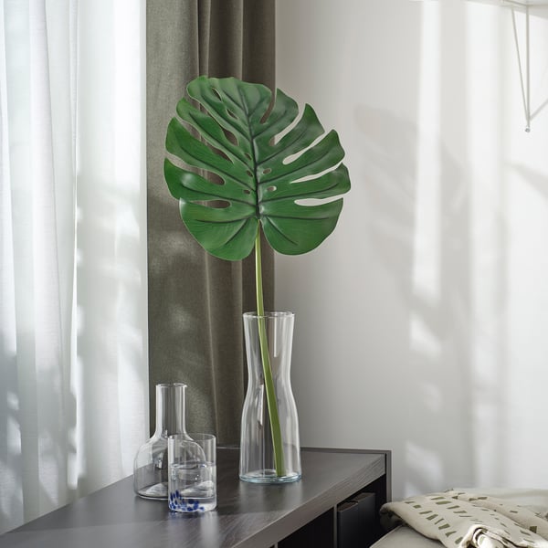 Velký umělý zelený list v čiré skleněné váze na tmavé polici, se dvěma menšími skleněnými nádobami; moderní výzdoba.