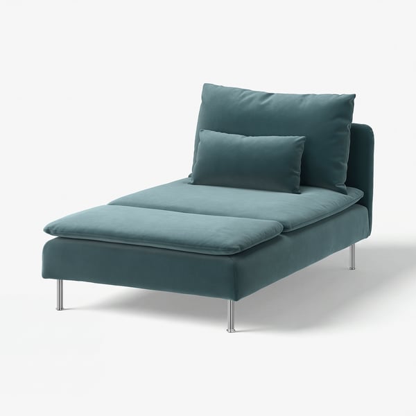 Tyrkysové lehátko SÖDERHAMN s polštáři, elegantními kovovými nohami, moderní, útulné.