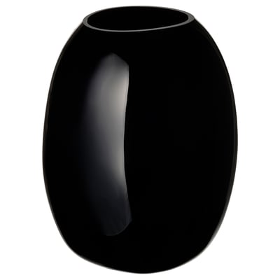 Černá lesklá skleněná váza, vysoká s měkkým tvarem, ručně vyráběná, elegantní.