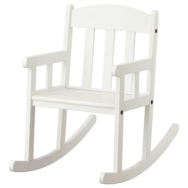 SUNDVIK bílé dětské houpací křeslo, dřevěné, klasický design pro rovnováhu a hraní.