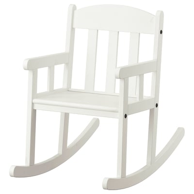 SUNDVIK bílé dětské houpací křeslo, dřevěné, klasický design pro rovnováhu a hraní.