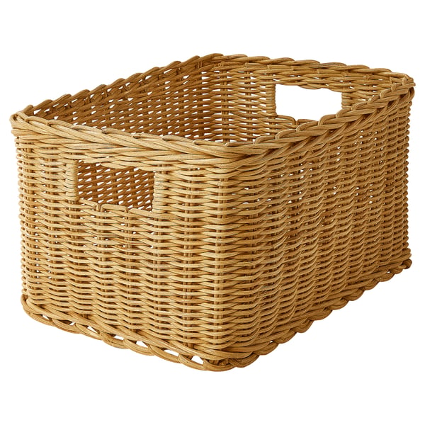 TRUMMIS ratanový košík, přírodní barva, ručně tkaný design, robustní rukojeti, obdélníkový tvar.