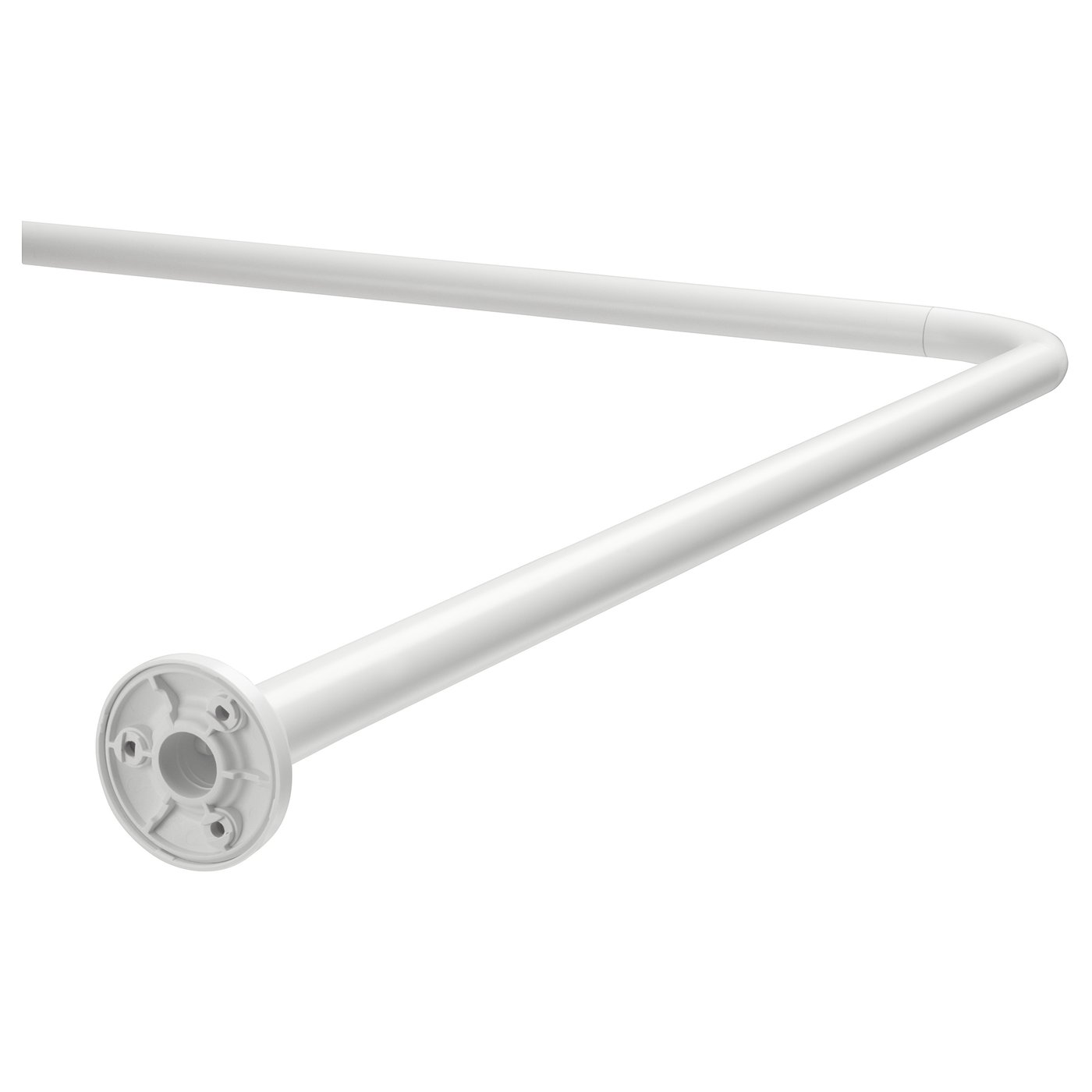 Bílá tyč na sprchový závěs VIKARN, moderní design ve tvaru L, stříbrný hliník, minimalistický styl.