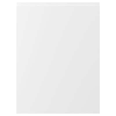 Bílá matná dvířka, hladká, poločtvercová úprava, moderní design, integrovaná madla.