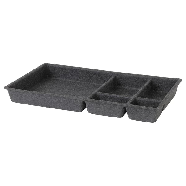 ALEX drawer organiser in dark grey with five compartments, rectangular shape, and felt material for protection and sound dampening.