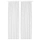 White lace-like curtain panels with floral pattern, sheer, hanging straight.