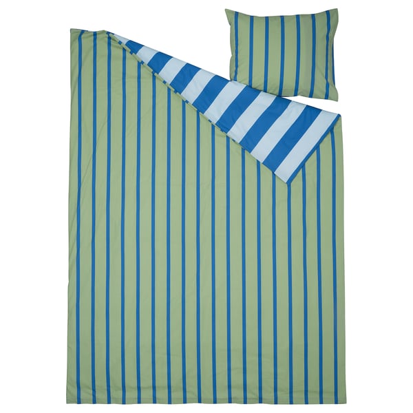 BARNDRÖM Duvet cover and pillowcase, blue green/stripe pattern, 150x200/50x60 cm
