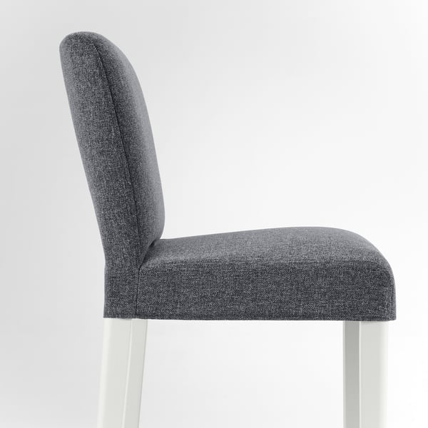 Modern grey fabric bar stool with sleek white legs, designed for comfort and easy cleaning.