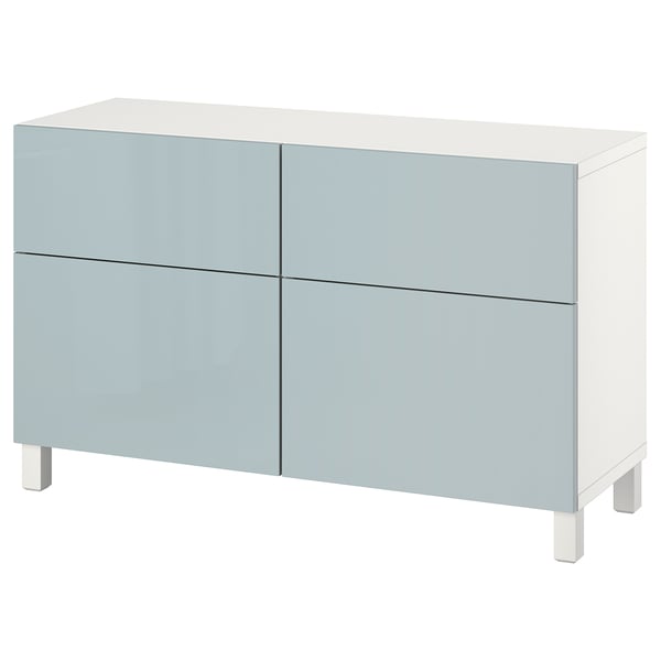 A white and light blue BESTÅ sideboard with four drawers, rectangular shape, and modern design.