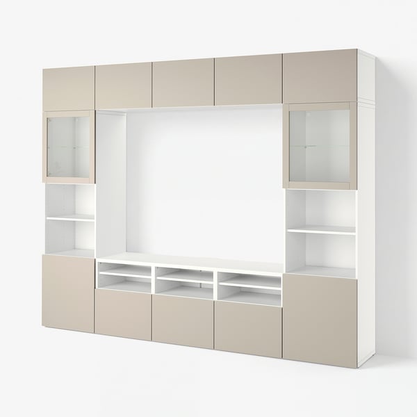BESTÅ TV storage combination/glass doors, white Sindvik/Lappviken light grey/beige, 300x42x231 cm