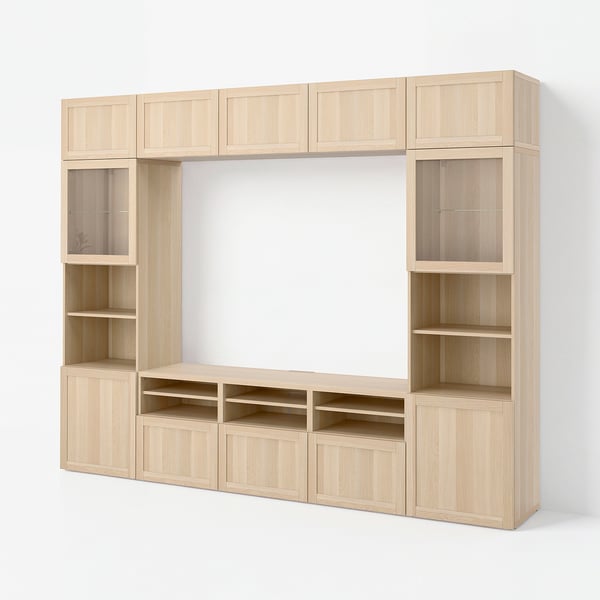 BESTÅ TV storage combination/glass doors, white stained oak effect Sindvik/Hanviken white stained oak eff clear glass, 300x42x231 cm