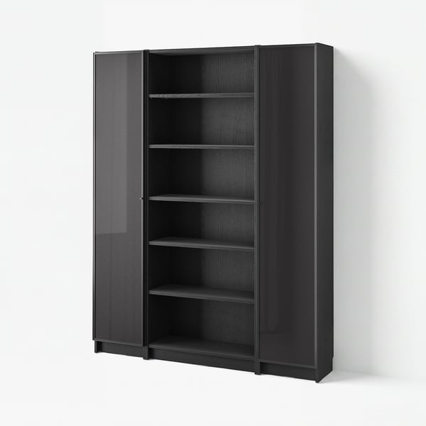 Black BILLY bookcase with glass doors, wooden texture, adjustable shelves, simple design.