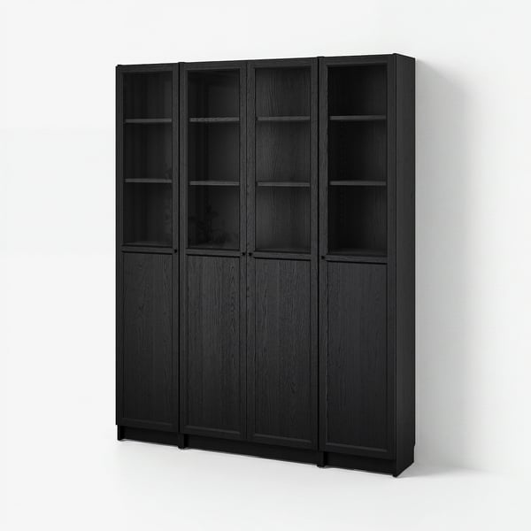 Black BILLY bookcase with glass doors; wooden, rectangular, modern.