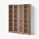 BILLY bookcase, light brown, wooden, rectangular, multiple shelves, glass doors.