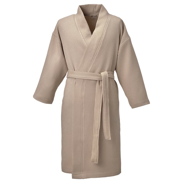 BJÄLVEN light beige bathrobe, waffle texture, ¾ sleeves, cotton/viscose blend, adjustable belt, relaxing spa style.