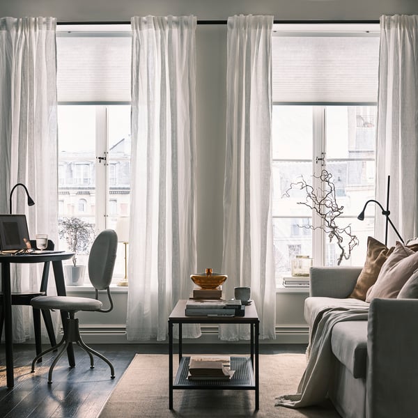 DYTÅG Curtains, 1 pair, white/with heading tape, 145x300 cm