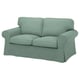 Light blue EKTORP loveseat, soft cushions, rolled arms, removable cover.