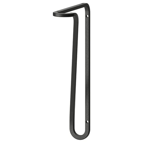 A black FÖRLÄGGARE wall bracket. Its made of powder-coated steel and a slightly twisted design, accommodating shelves of different depths.