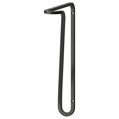 A black FÖRLÄGGARE wall bracket. Its made of powder-coated steel and a slightly twisted design, accommodating shelves of different depths.