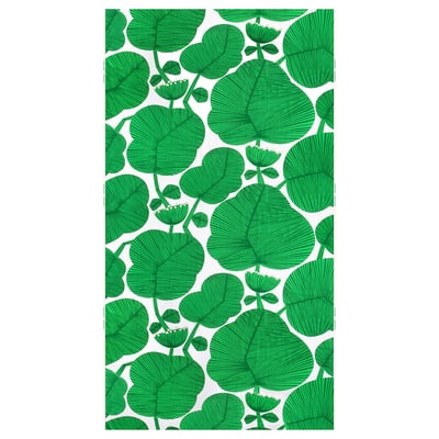 FRUKOSTVÄRD: green leafy fabric, 300x150cm, 100% cotton, recycled, white background, playful design.