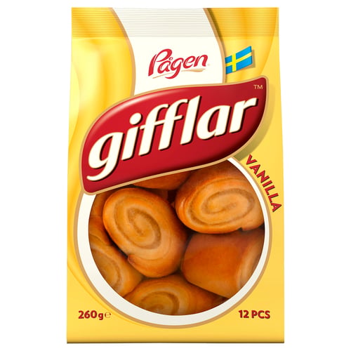 Box of giffar vanilla pastries by pagen. Golden swirl rolls packaged in a yellow box. 260g, 12 pieces.