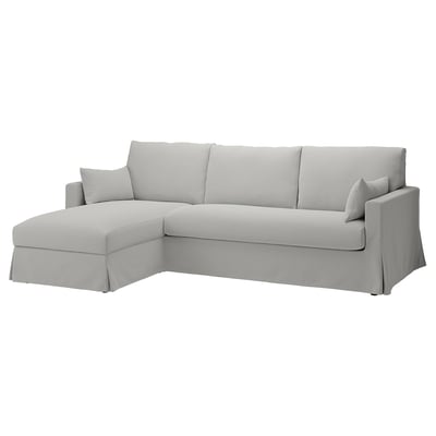 HYLTARP, sleek light grey sectional sofa with storage chaise, modern minimalist design.
