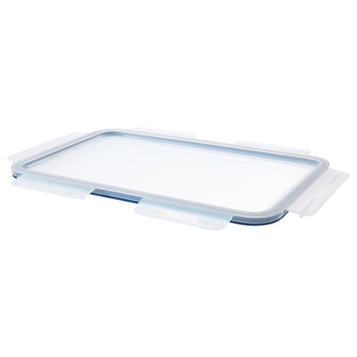 IKEA 365+ clear, rectangular leak-proof lid, made of polypropylene plastic with silicone seal, designed to protect food and prevent spills.