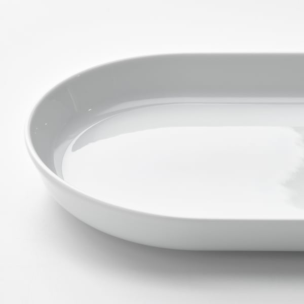 Close-up of an IKEA 365+ serving plate; smooth, white, and pristine porcelain surface.