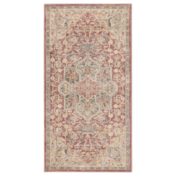 JÄRNVÄG red & beige geometric rug, rectangular with intricate patterns.